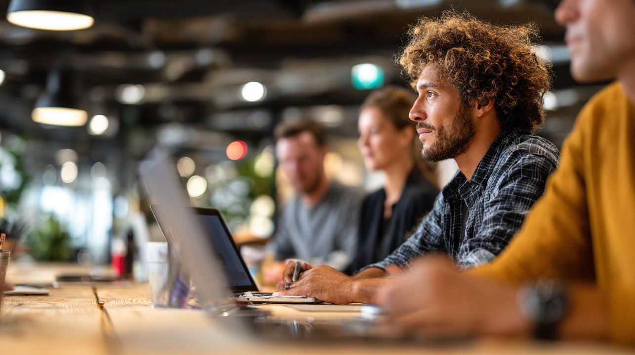 “HOA board members working together in a modern office with digital workflow elements.”