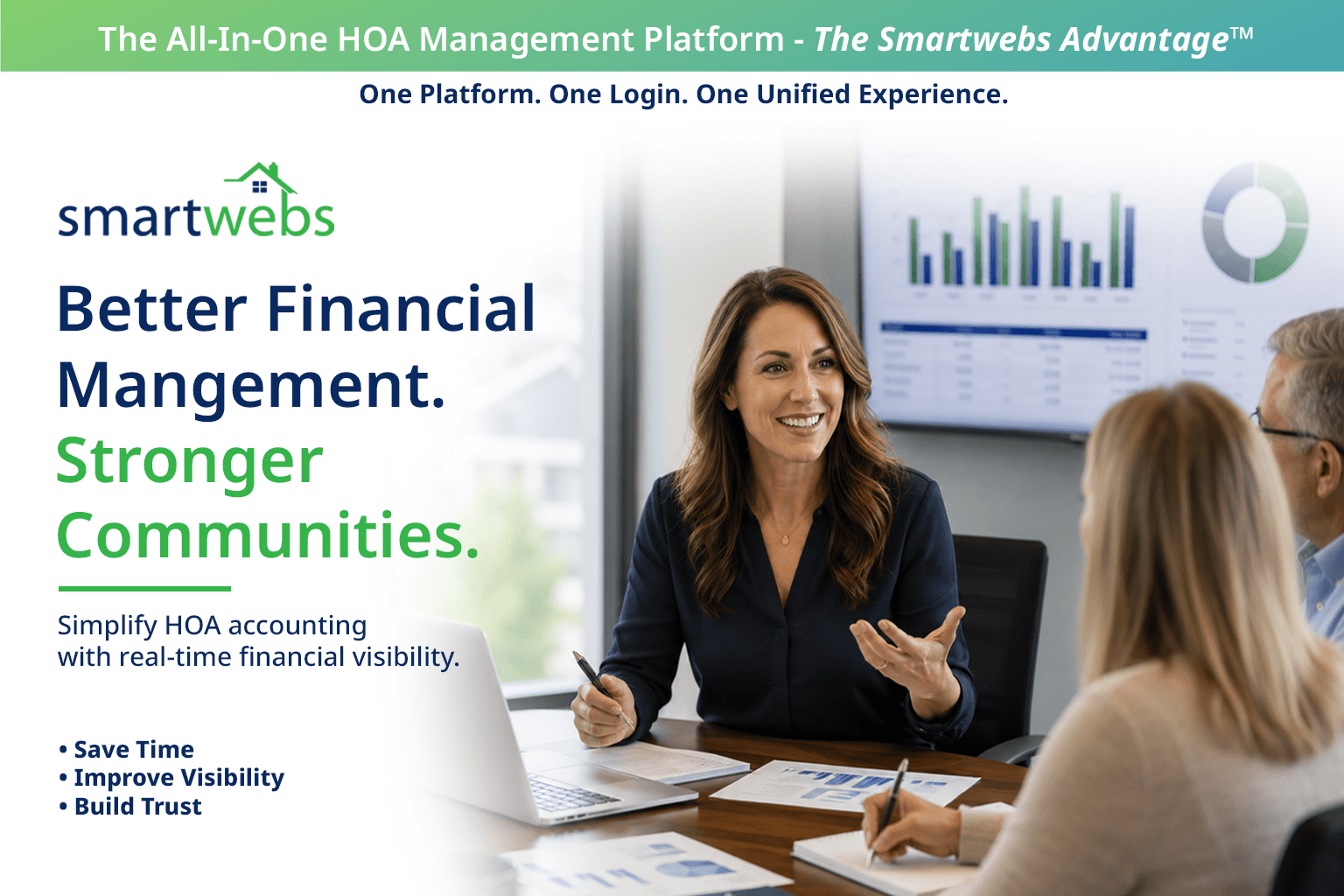 Professional community manager presenting HOA financial reports during a board meeting, illustrating how modern HOA accounting software improves billing, financial transparency, and community management.