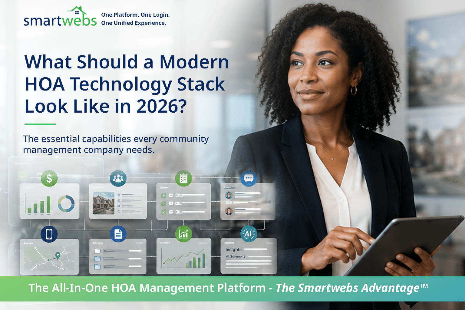 Community manager using a modern HOA technology stack for connected community operations